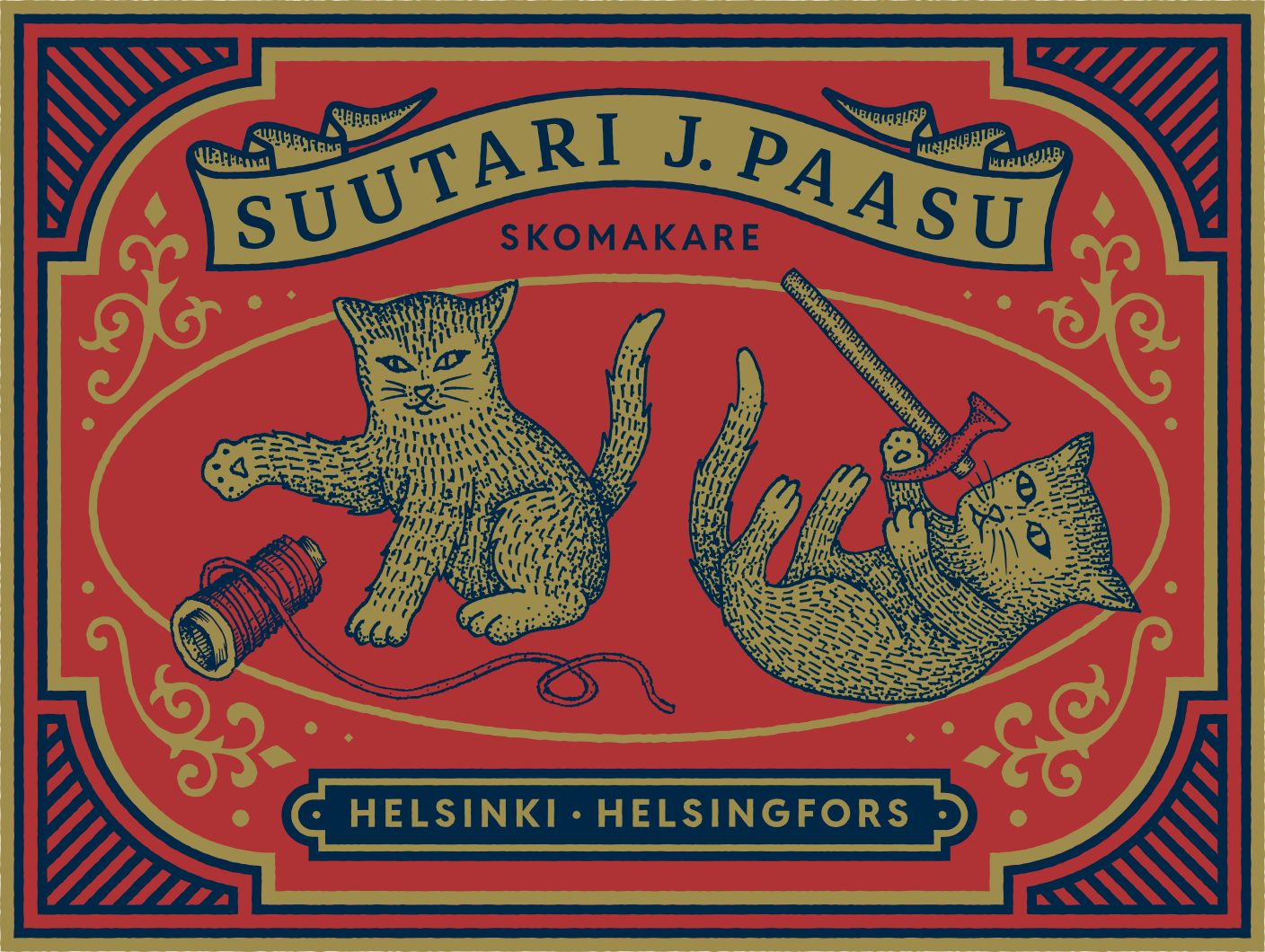 Suutari J. Paasu, Helsinki. Japanilaista tulitikkuaskiestetiikkaa jäljittelevässä logossa kissat leikkivät suutarin työkaluilla.